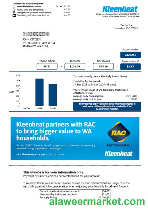 Australia Kleenheat utility bill template in Word and PDF formats